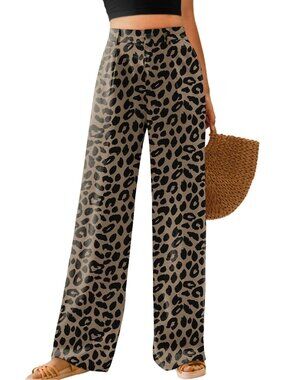 Women's Leopard-dark Khaki High Waisted Button Down Long Casual Wide Leg Pants